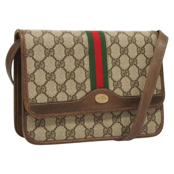 GUCCI GG Supreme Web Sherry Line Shoulder Bag PVC Beige Gold Auth BA3785 - Picture 1 of 16